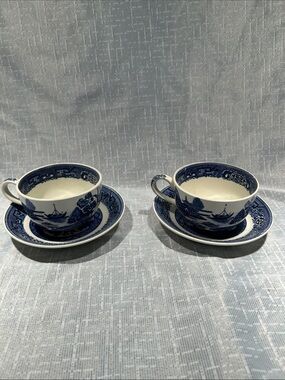 Blue and White Porcelain Teacup and Saucer Set - Pair